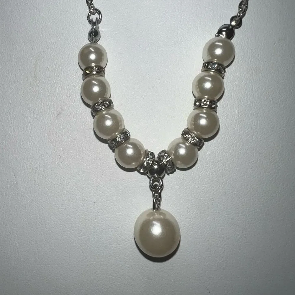 Silver Tone and Faux Pearl and Crystal Drop Necklace
